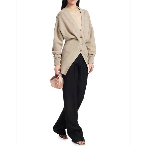 Alexander Wang Oversized V-Neck Oatmeal Beige Smocked Waist Cardigan Small - Picture 5 of 11